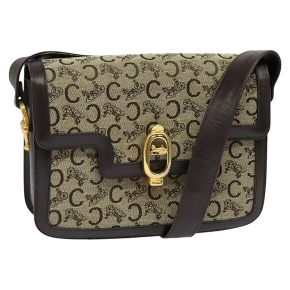 CELINE C Sulky Shoulder Bag Canvas Beige Brown gold Auth 123103 - Picture 1 of 16